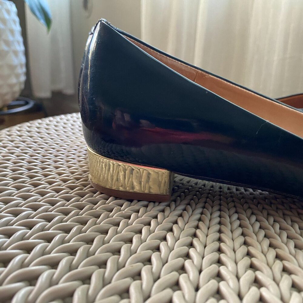 J Crew patent leather ballet flat with gold stacked heel